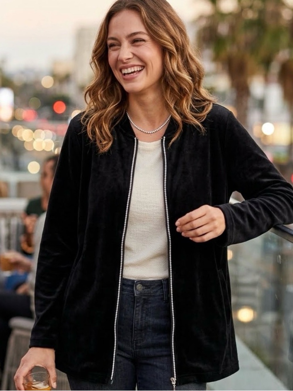Quacker Factory Luxurious Black Velour Zip-Up Jacket